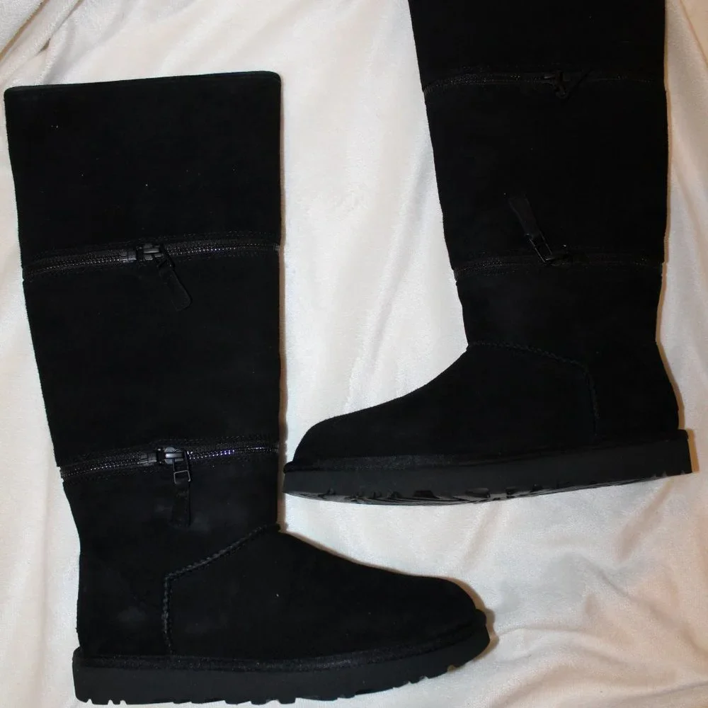 NIB UGG WOMEN'S‎ ULTRA TALL SUEDE SHEARLING LINED ZIPPER ACCENT BOOTS BLACK